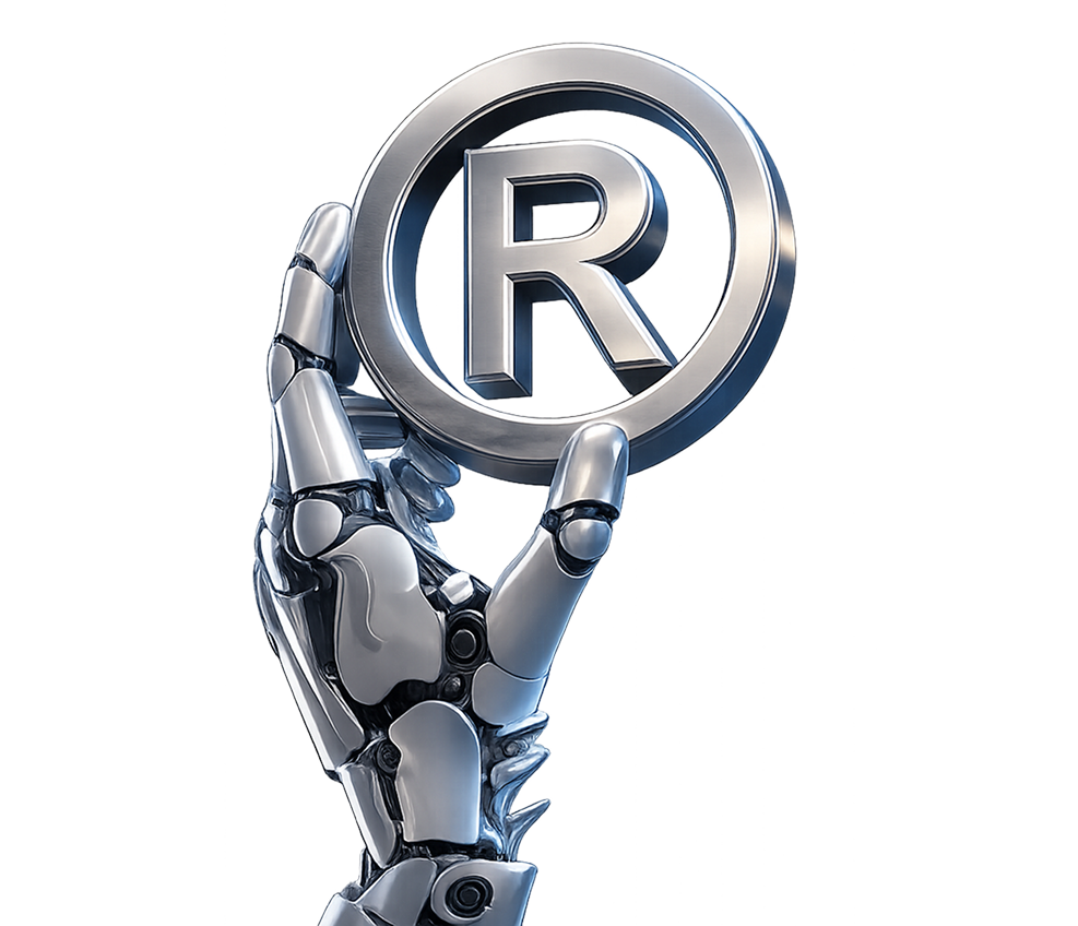 Robotic hand holding a registered trademark symbol