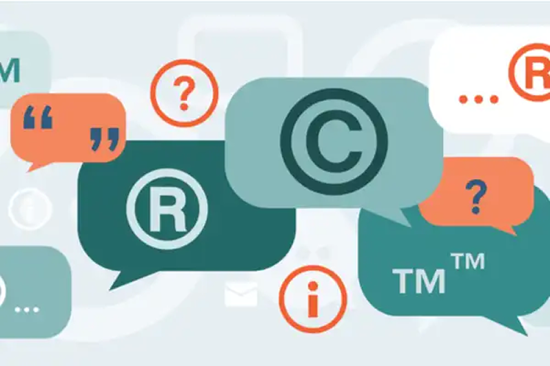 Trademark, copyright, and registered mark symbols inside colorful speech bubbles