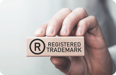 Hand holding a registered trademark sign